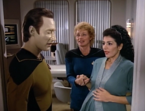 Pulaski: "In my other deliveries, except for a couple, the father was always present... Counselor Troi is going to need the comfort of a human touch not the cold hand of technology." How can she say such a thing to Data! Let's be outraged!