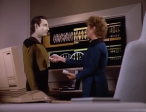 Data: "My name, it is pronounced data" [day-ta]Pulaski: "oh?"Data: "You called me 'data'" [da-ta]haha what's the differenceData: "One is my name, the other is not."Pulaski: "Is this possible? With all your neural nets, algorithms, and heuristics is there some combination of circuits that makes up for bruised feelings?" 