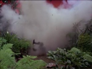 Another red shirt steps on a rock and explodes. There are explosive rocks on the planet