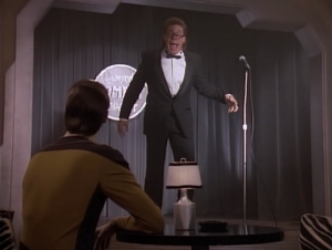 Data seeks out the guidance of a holographic comedian