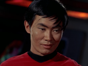 Mirror Sulu wear red, and was scratched on his face
