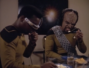 There's a weird part in the beginning about Riker making bad scrambled eggs.