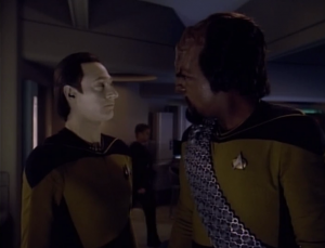 Worf is also having a problem this episode of yelling at everyone. Wesley, Data, and Geordi are trying to figure out what's wrong