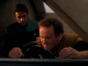 They run and hide out. O'Brien works on fixing a communicator thing