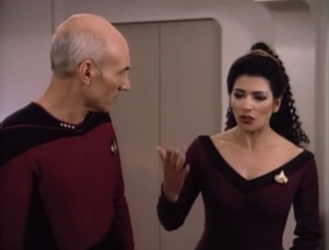 Picard doesn't like the future Picard and yells at him. Troi tells him to lighten up