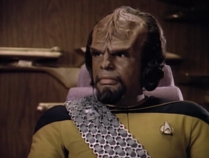 “Lieutenant Worf, I’m assigning you to assist the emissary for some mandatory character development.”