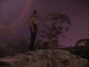 Worf looks at a little tree