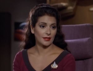 Everyone gets a much better costume at the start of season 3 except Troi. She has to wait until season 6