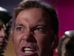 Kirk gets so mad he almost runs into the camera!