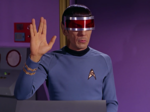 Spock welcomes a Medusan ambassador...