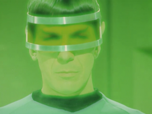 I guess this visor makes it so Spock doesn't go crazy. Humans can't look at the Medusan even with the visor