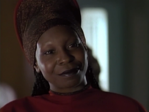 Geordi goes to Guinan for advice on women. She says she likes bald men