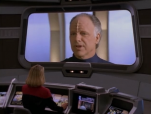 Janeway tries to negotiate with Chris Pine's dad to get Paris and Kim back. They were convicted of bombing people