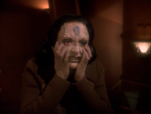 Then Kira is taken and turned into a Cardassian. She doesn't like it