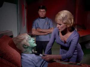 The Troyian gets stabbed and blames Kirk. Now Kirk feels like he needs to teach Elaan proper etiquette. 