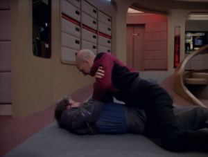 They also teleport to the bridge. Picard fights their leader!