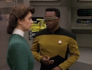 In "Booby Trap" Geordi falls in love with a hologram