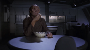 It's kind of sad that he goes to movie night all alone. Why not just watch movies in his quarters? 