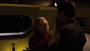 An old T'Pol is on board. She warns Archer that the modifications might be dangerous
