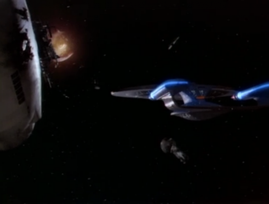 They catch up to Wolf 359 and find all the wreckage of the Federation ships