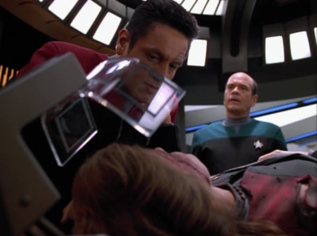 Janeway is seriously injured. She tells Chakotay not to screw things up