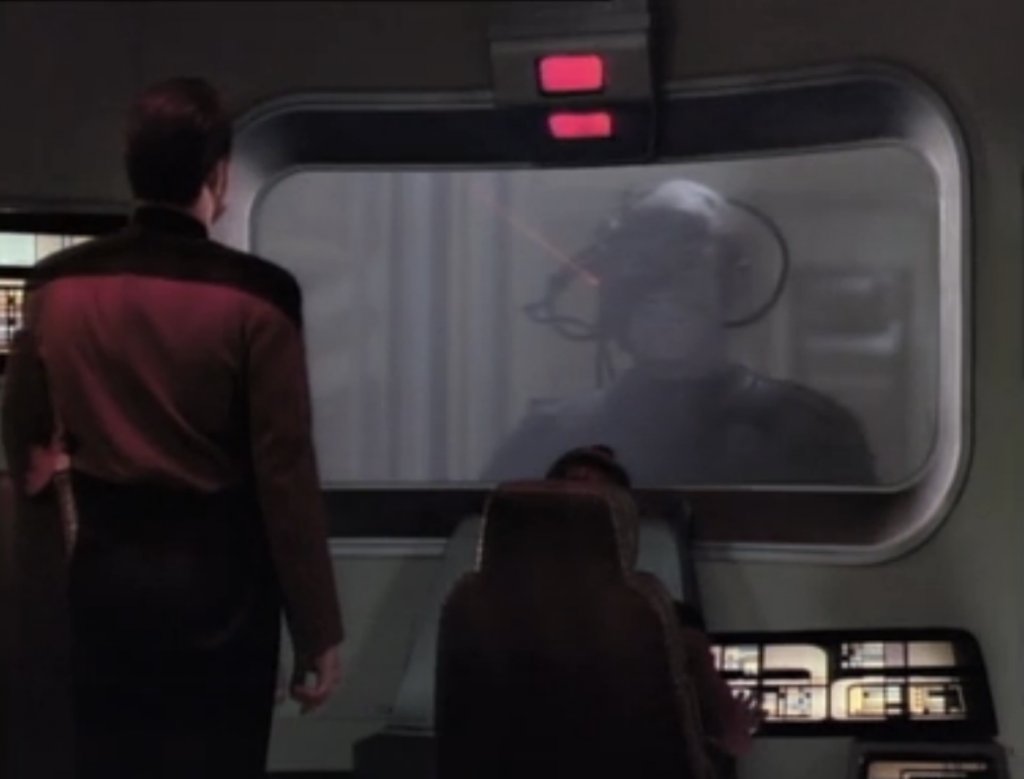 Riker tries to talk with Lotcutus, but he knows that Riker is just trying to stall and fool them