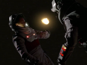 After a little fight, Paris and B'Elanna have to beam out into space to avoid blowing up