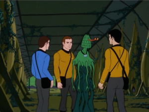 Kirk, Bones and Sulu go back to the planet and find a plant to question. 
