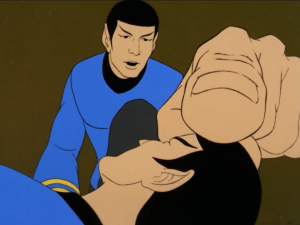 So giant Spock does a "vulcan mind touch" to restore his mind