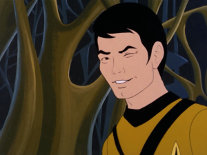 One of the many odd lines from this episode: "By the way, Mr. Sulu, any chance of teaching me that body throw? Could come in handy some time." "I don't know, sir. It isn't just physical, you know. You have to be inscrutable." "Inscrutable?!? Sulu, you're the most scrutable man I know!"