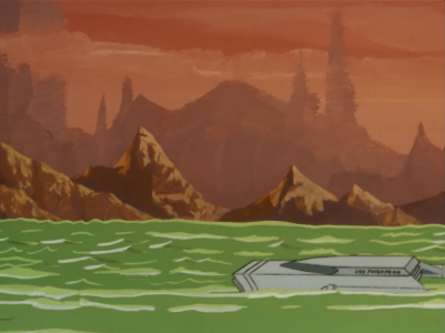 Enterprise takes their boat-shuttle to a planet made up mostly of oceans