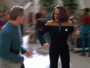 Voyager visits a planet of telepaths and a guy bumps into B'Elanna