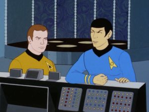 Mudd takes Chapel hostage and escapes on a shuttle. Spock is pissed