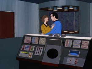 Kirk tries to have everyone beamed up, but the transporter team is busy having a dance