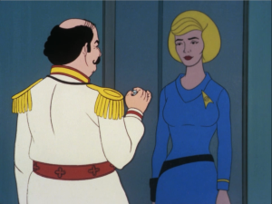 Mudd offers Chapel one of his love crystals to use on Spock